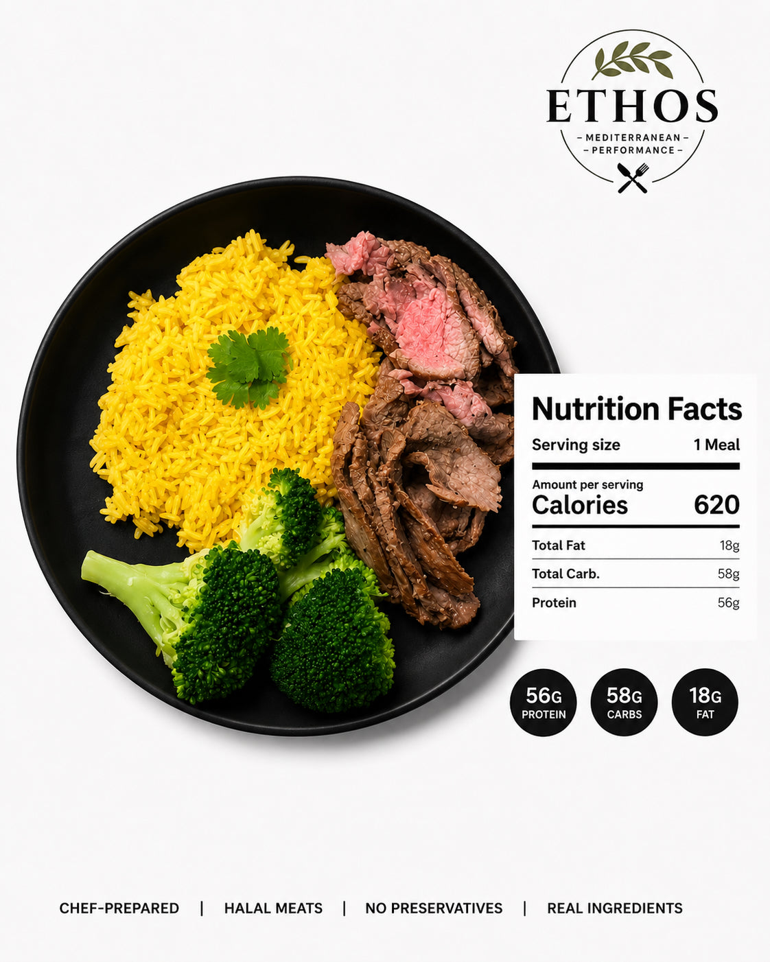 Ethos grass-fed beef plate with nutrition facts: 620 calories, 56g protein, 58g carbs, 18g fat